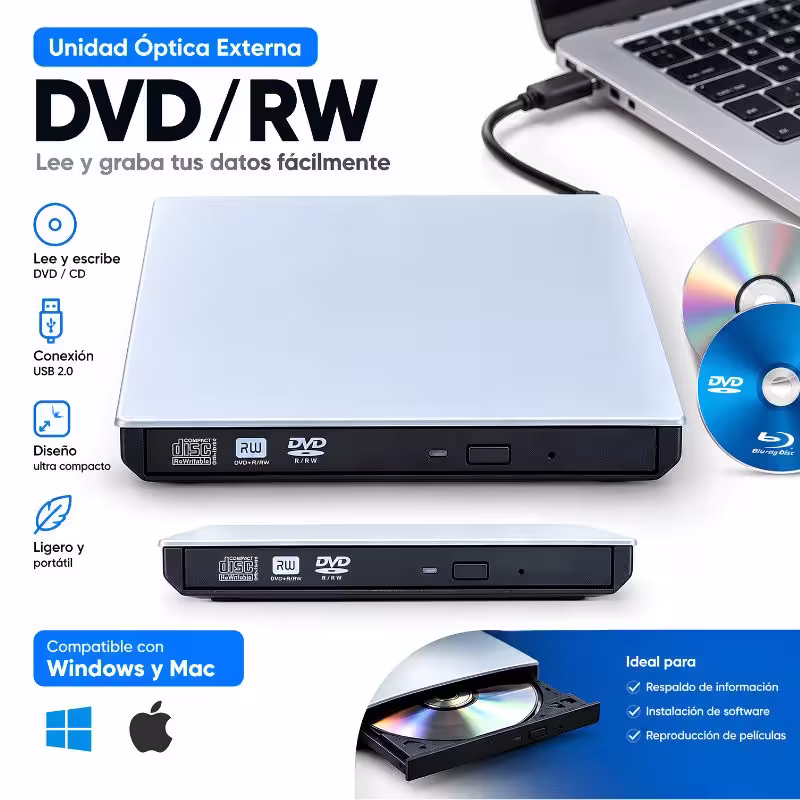 Lector de CD y DVD externo USB 3.0 para laptops y PC en Dn Soluciones