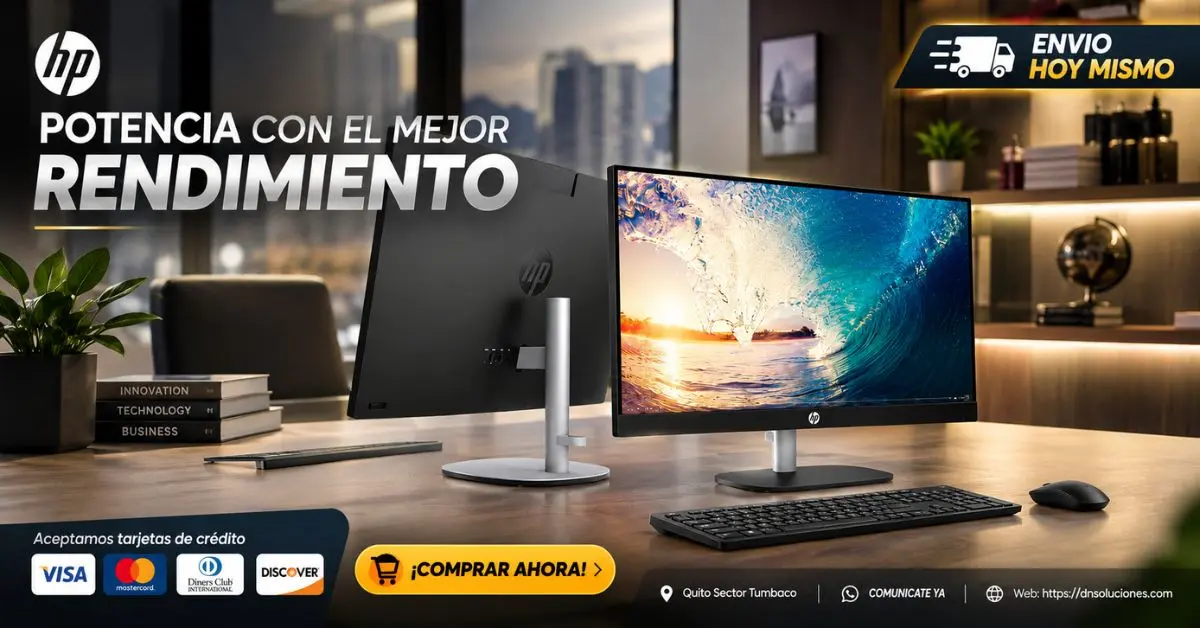 Detalle lateral y perfil delgado de la PC HP Todo en Uno Ryzen 5