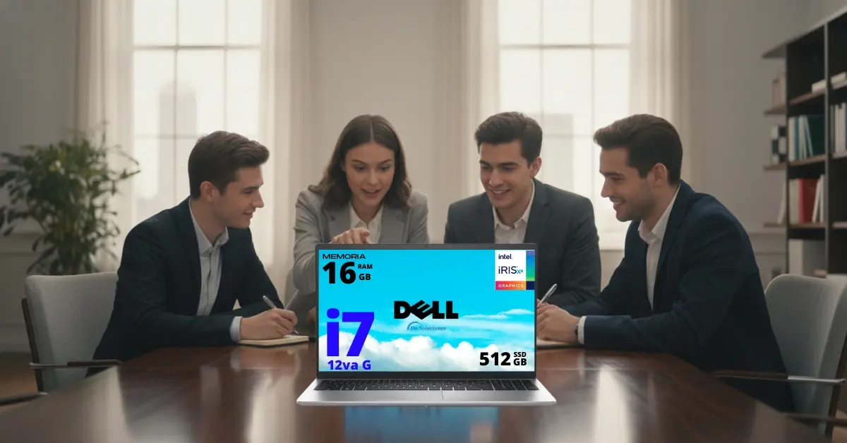 Estudiantes profesionales admirando una Laptop Dell Inspiron i7 RAM 16 Gb en una oficina elegante