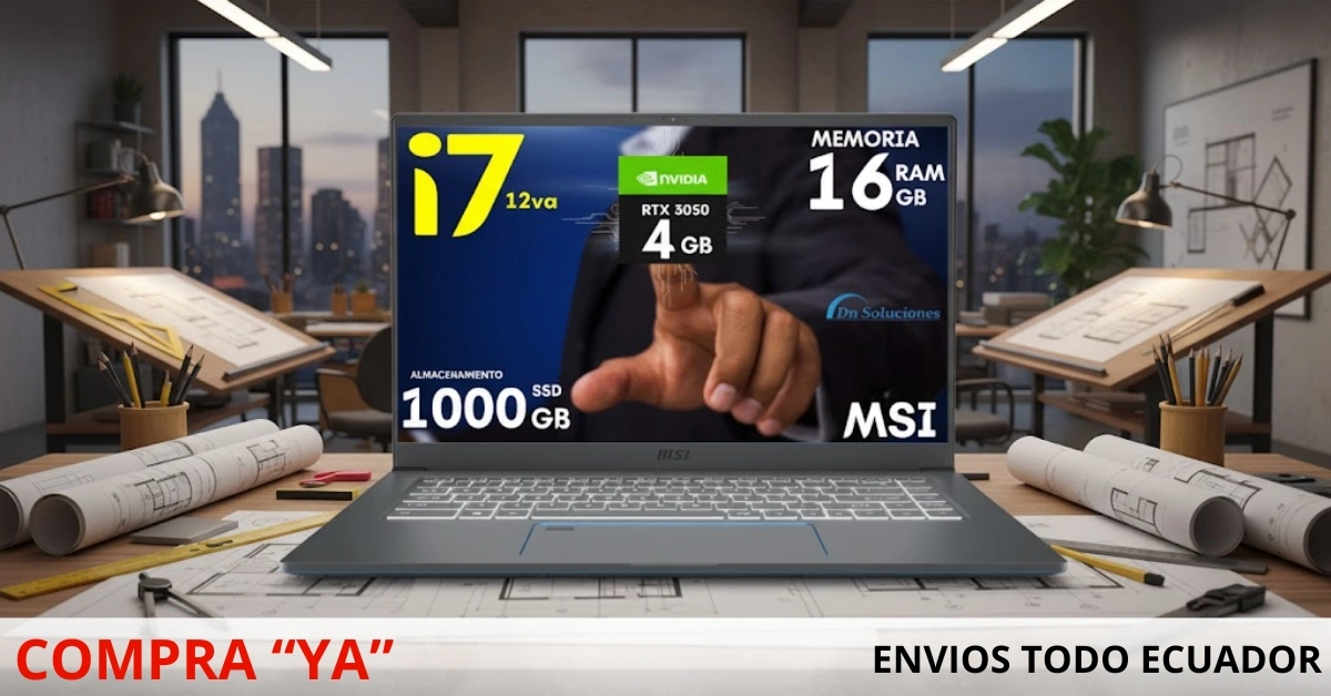 Pantalla del MSI Prestige 15 ejecutando software de diseño gráfico con NVIDIA GeForce RTX 4 GB.