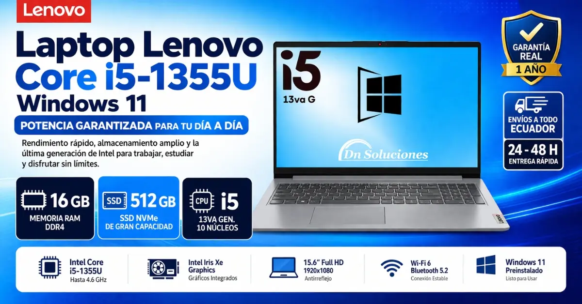 Laptop Lenovo Core i5 1355U 512GB SSD Windows 11 en Dn Soluciones Tumbaco Quito