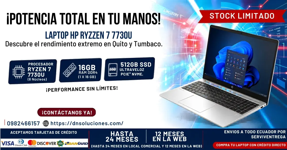 Laptop HP Ryzen 7 7730u Quito Tumbaco, envios a todo ecuador por servientrega