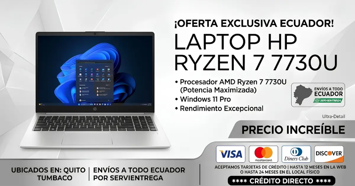 Laterales de la potente Laptop HP Ryzen 7 7730u con 16GB de RAM y 512GB SSD