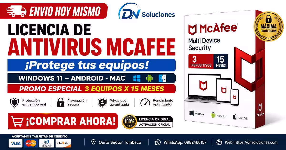 Antivirus McAfee para 15 Meses protege tu informacion en Quito y Tumbaco