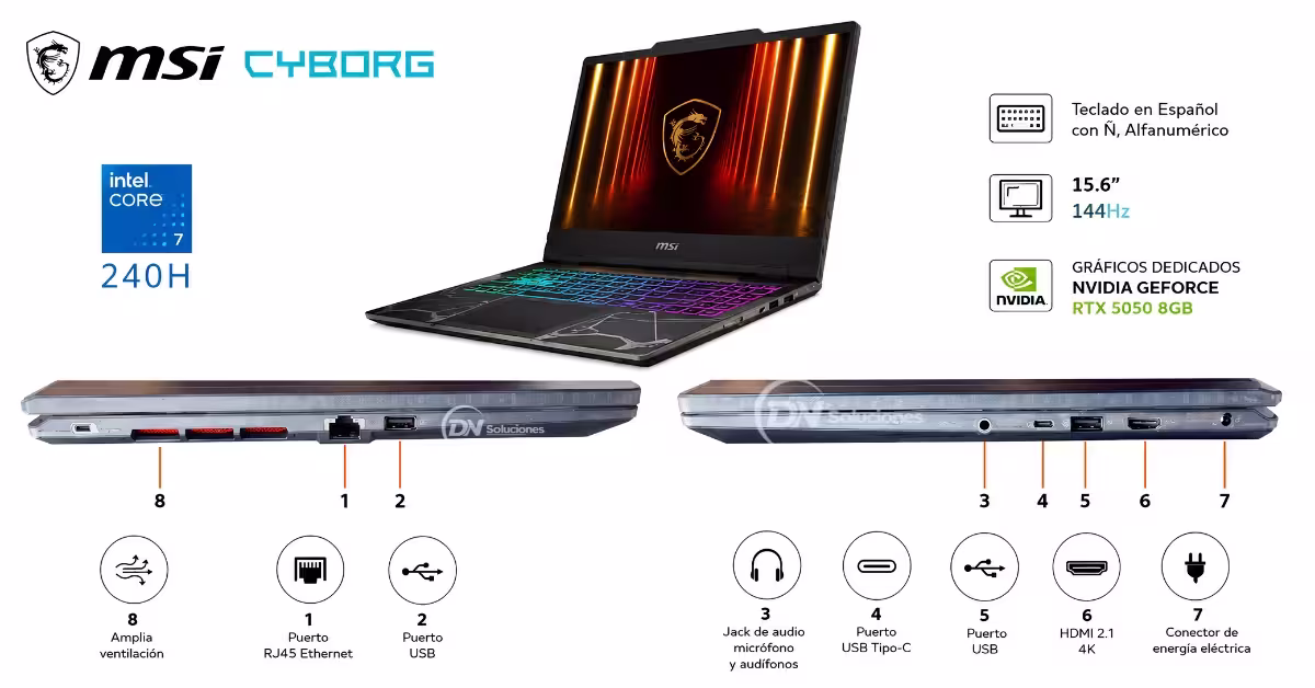 Laptop MSI Cyborg 15 Core 7 240 H RTX 5050 8GB Windows 11 - Puertos y conectividad en Tumbaco